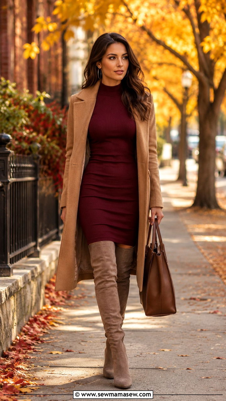 Long Sleeve Bodycon Dress With Over The Knee Suede Boots - 30 Bodycon dress outfit ideas with boots