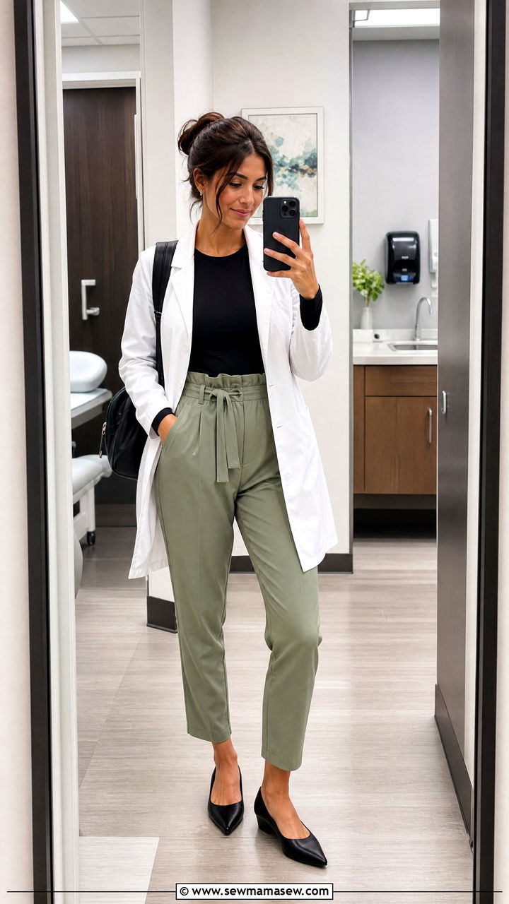 Long Sleeve Bodysuit With Paper Bag Trousers - 30 Medical student outfit ideas
