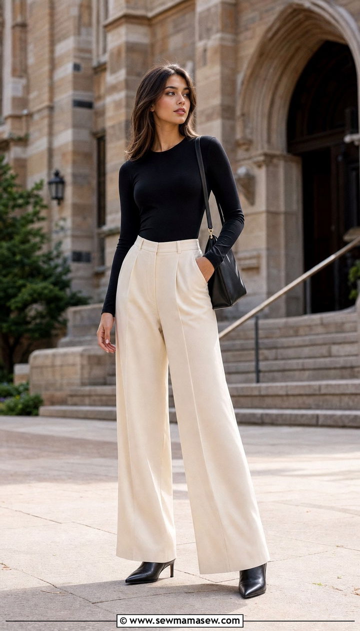 Long Sleeve Bodysuit and Wide Leg Trousers Outfit - 35 Back to school outfit ideas college freshman