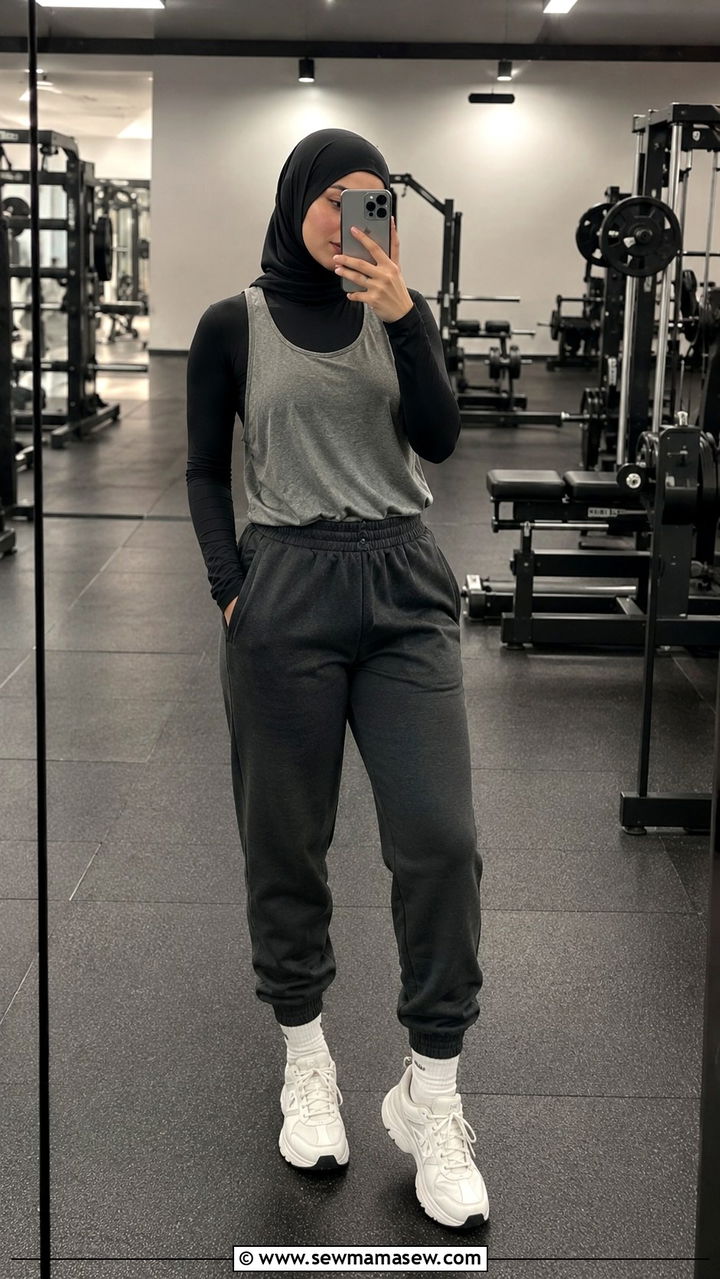 Long Sleeve Bodysuit with Loose Tank Layer - 25 Modest gym outfit ideas with hijab