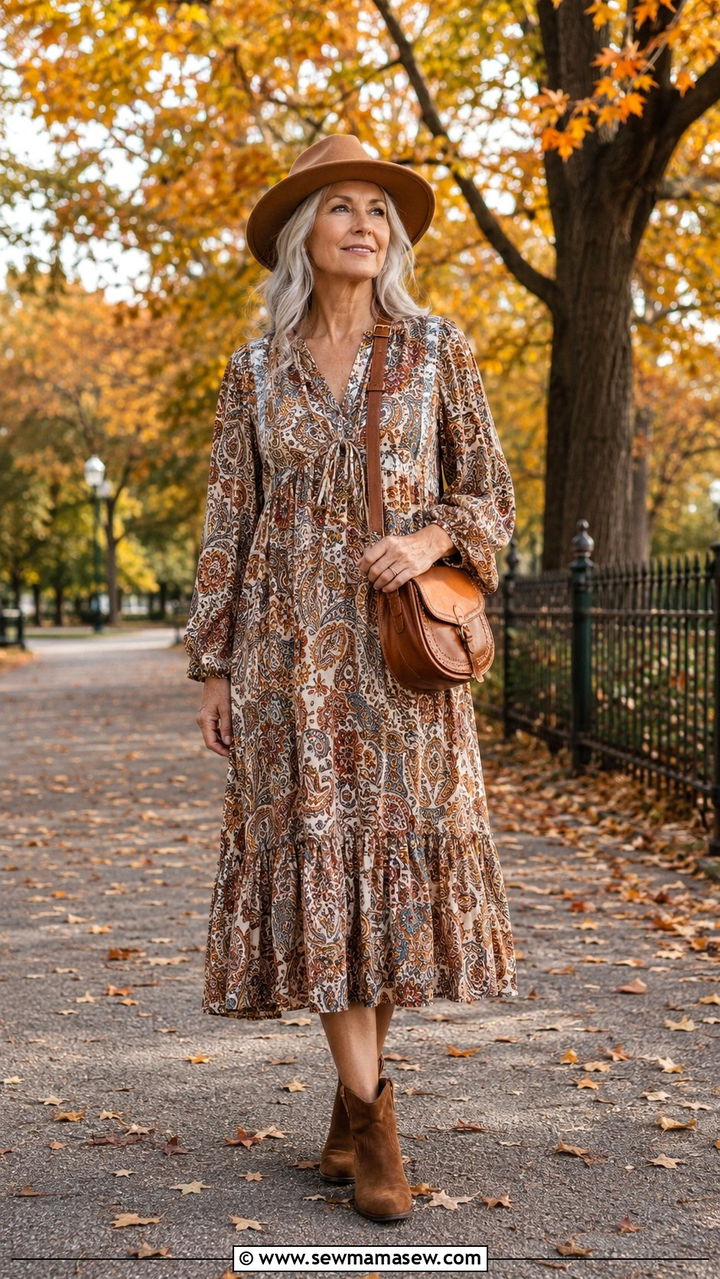 Long Sleeve Boho Dress With Brown Ankle Boots - 30 Classy outfits for women over 60