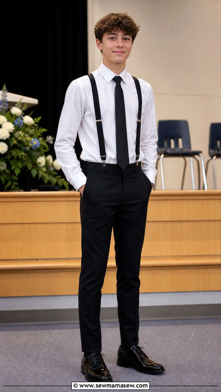 Long Sleeve Button Down With Suspenders And Oxford Shoes - 20 8th grade graduation outfit ideas