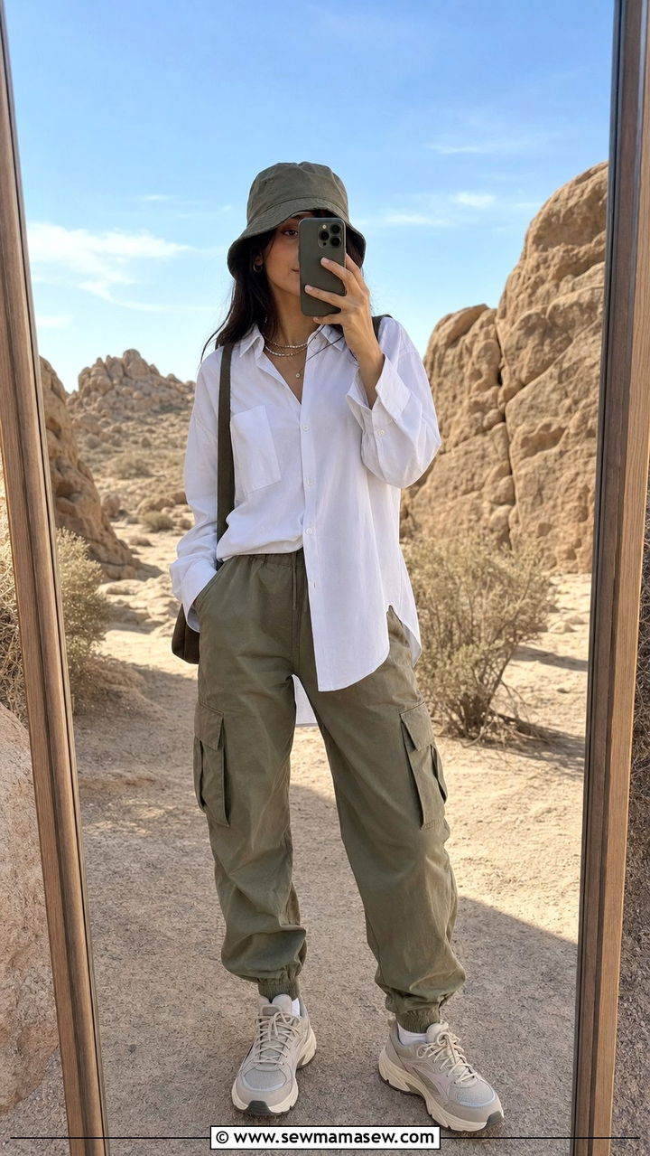 Long Sleeve Button Up Shirt With Cargo Joggers - 25 Summer desert outfits