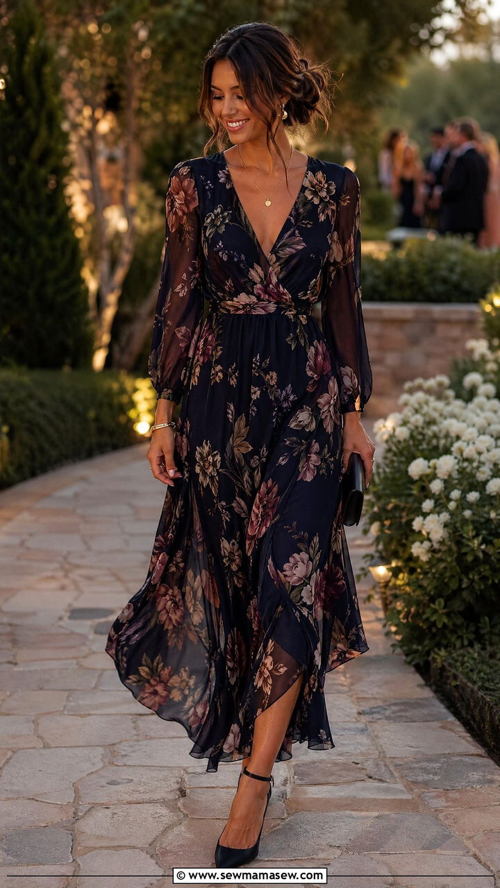 Long Sleeve Chiffon Floral Maxi Dress with Heeled Sandals - 35 Evening wedding guest outfits