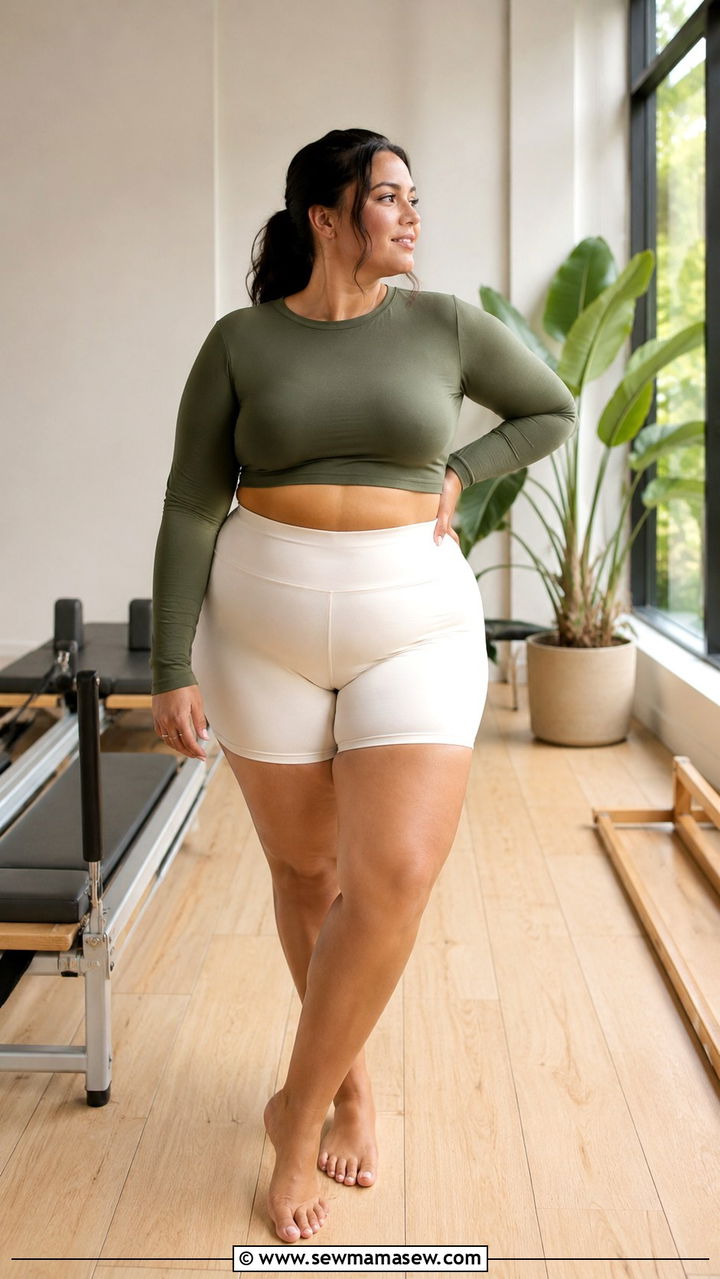 Long Sleeve Crop Top With High Waist Shorts - 30 Plus size pilates outfit ideas