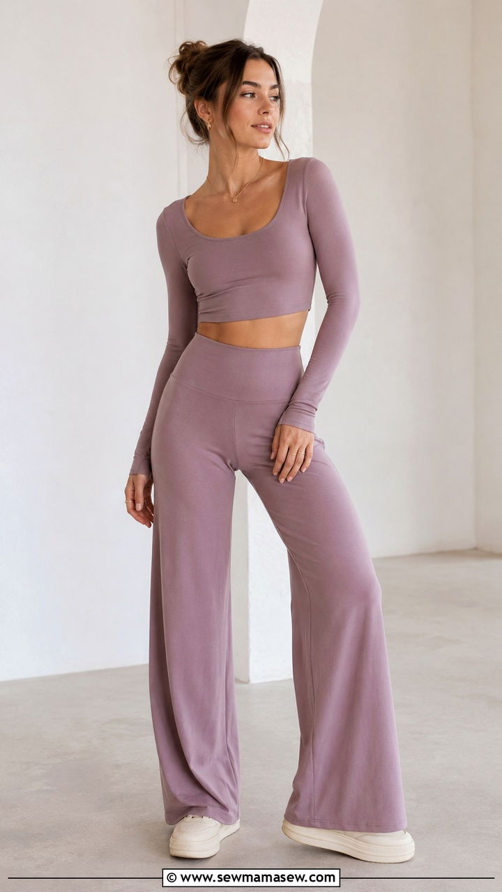 Long Sleeve Crop Top With High Waist Wide Leg Pants - 30 Modest workout outfit ideas 2026