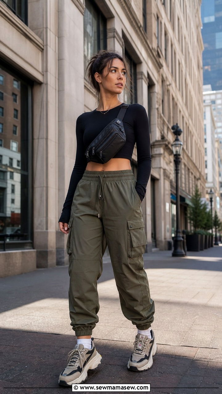 Long Sleeve Crop Top with Cargo Joggers and Chunky Sneakers - 35 Athleisure outfit ideas