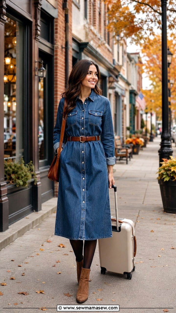 Long Sleeve Denim Dress With Tights And Suede Ankle Boots - 30 Modest travel outfit ideas