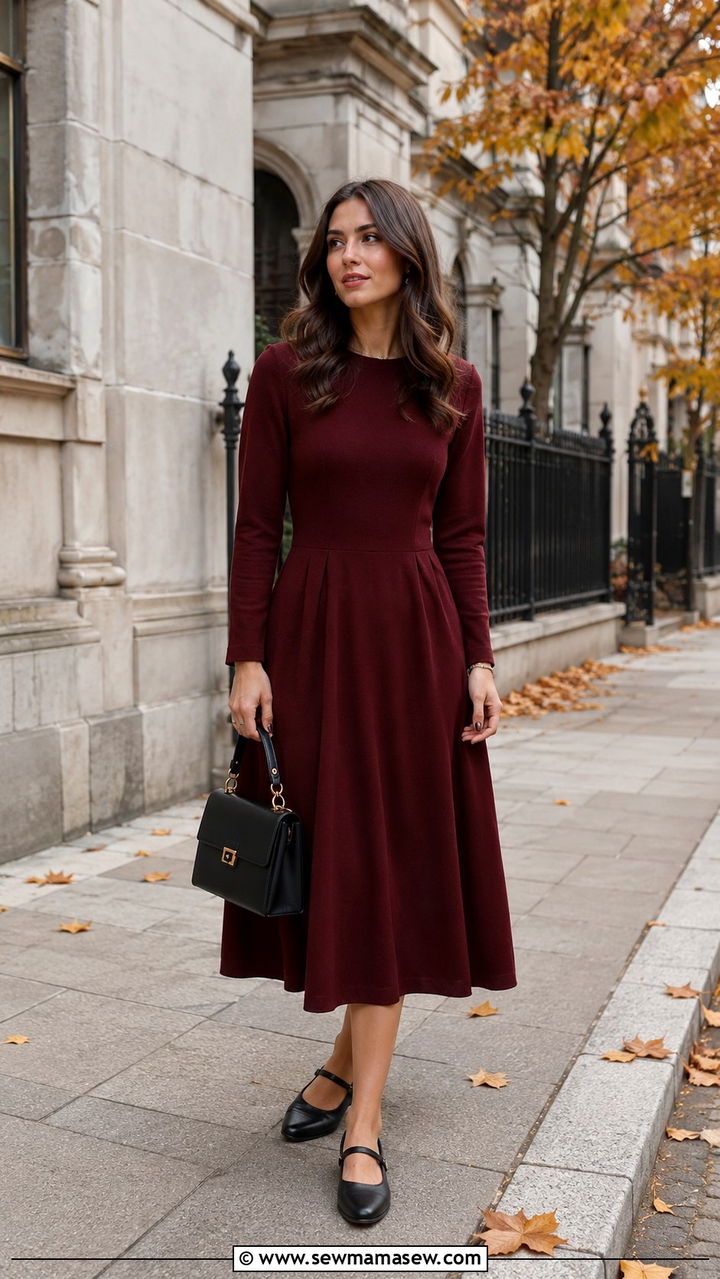 Long Sleeve Dress With Mary Jane Flats And Structured Bag - 30 Mild weather outfit ideas