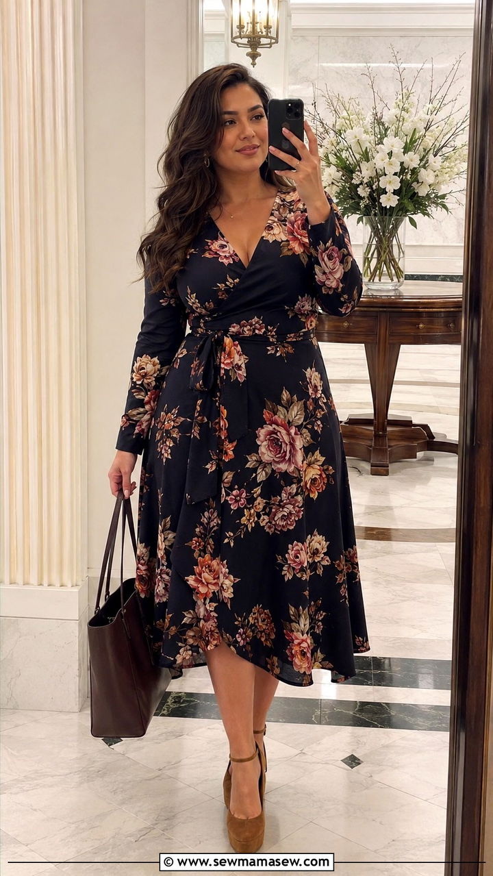 Long Sleeve Fit And Flare Dress - 25 wedding guest outfits for women with big bust