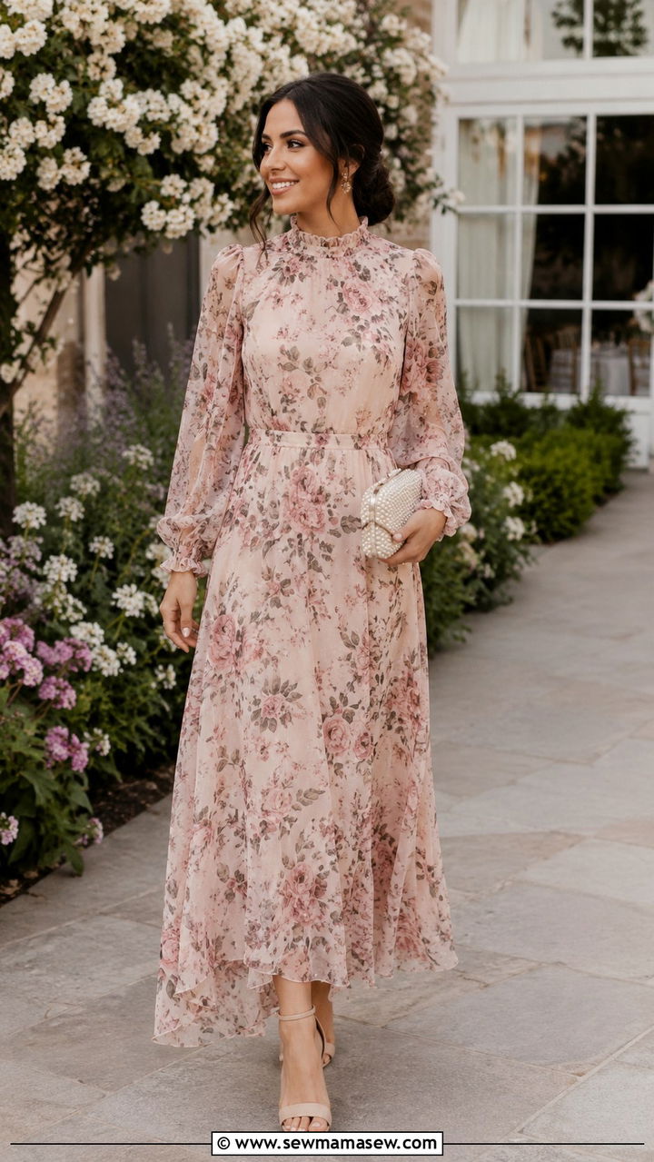 Long Sleeve Floral Maxi Dress For Wedding - 30 modest wedding guest outfit ideas