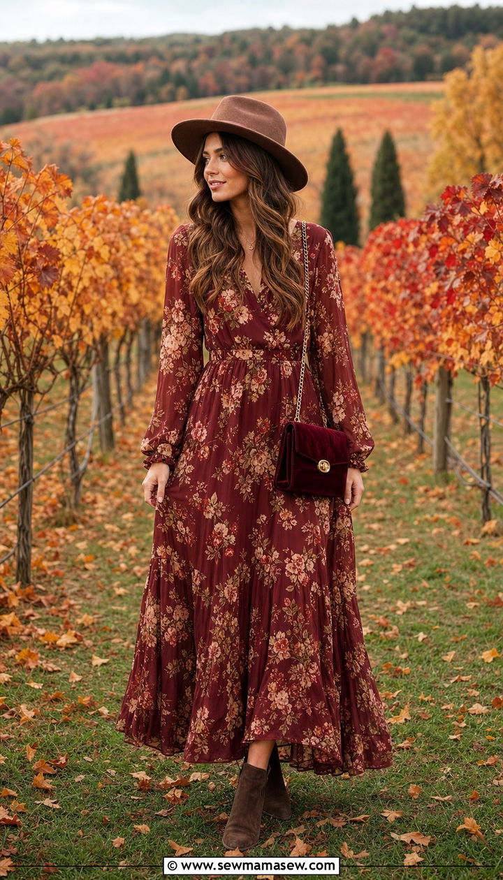 Long Sleeve Floral Maxi Dress for Fall - 35 Boho outfit ideas for wedding guest
