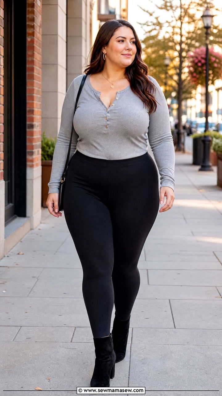 Long Sleeve Henley with Black Leggings and Ankle Boots - 25 Plus size nursing outfit ideas