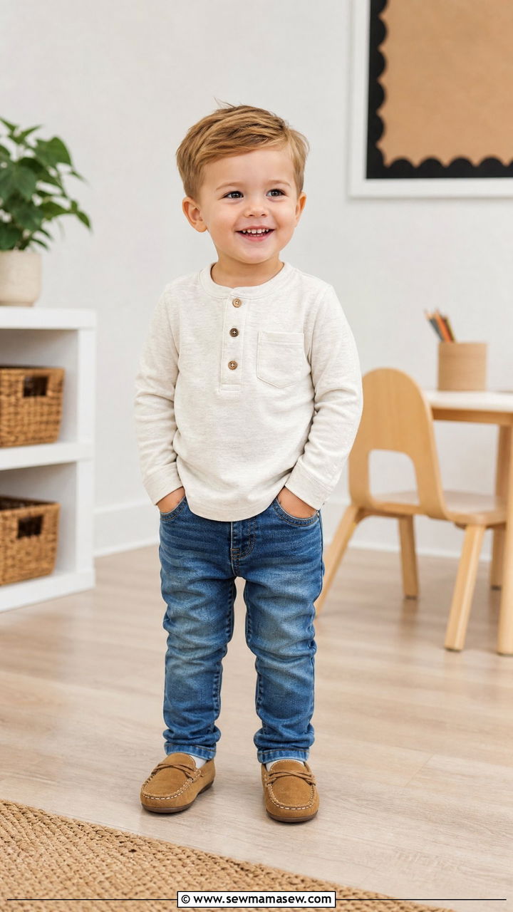 Long Sleeve Henley with Jeans and Moccasins - 25 First day of preschool outfit ideas