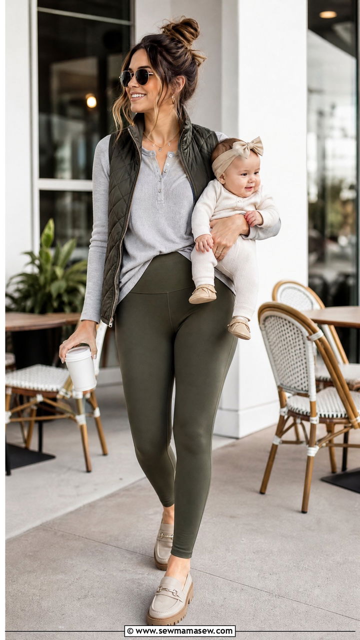 Long Sleeve Henley with Leggings Postpartum Outfit - 25 casual outfits for postpartum women