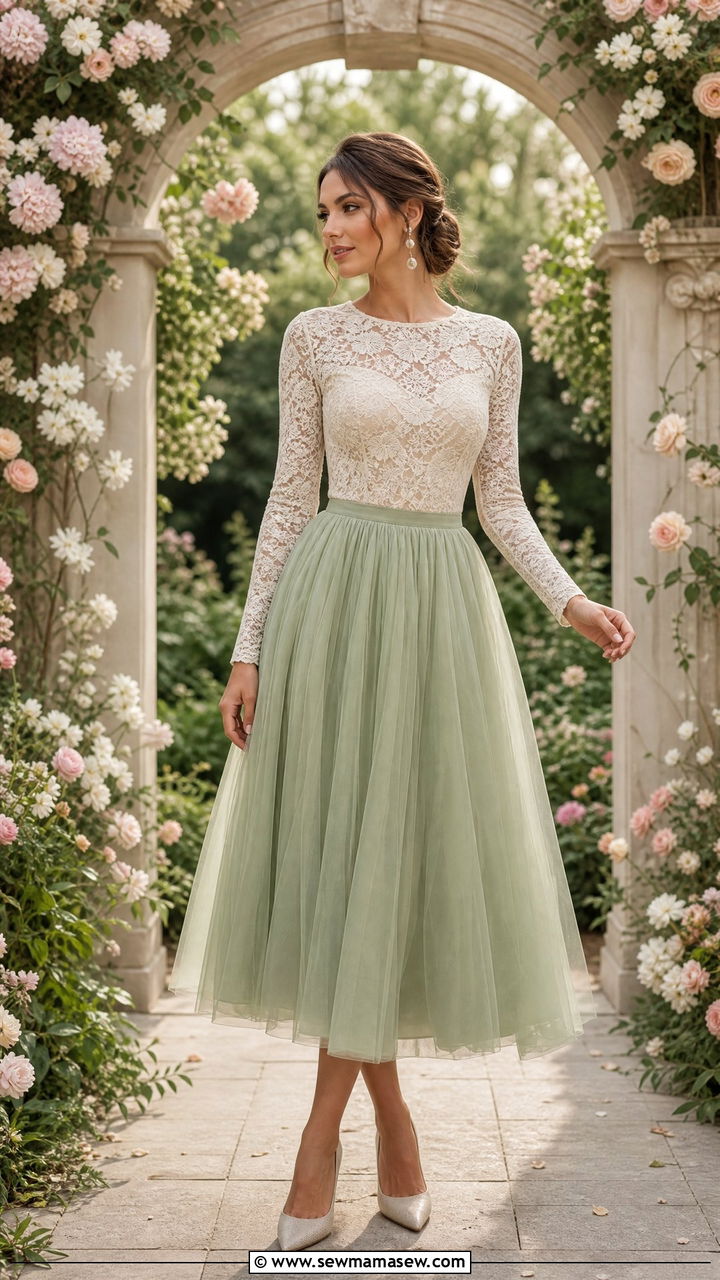 Long Sleeve Lace Bodysuit with Full Midi Skirt - 35 Garden wedding guest outfits
