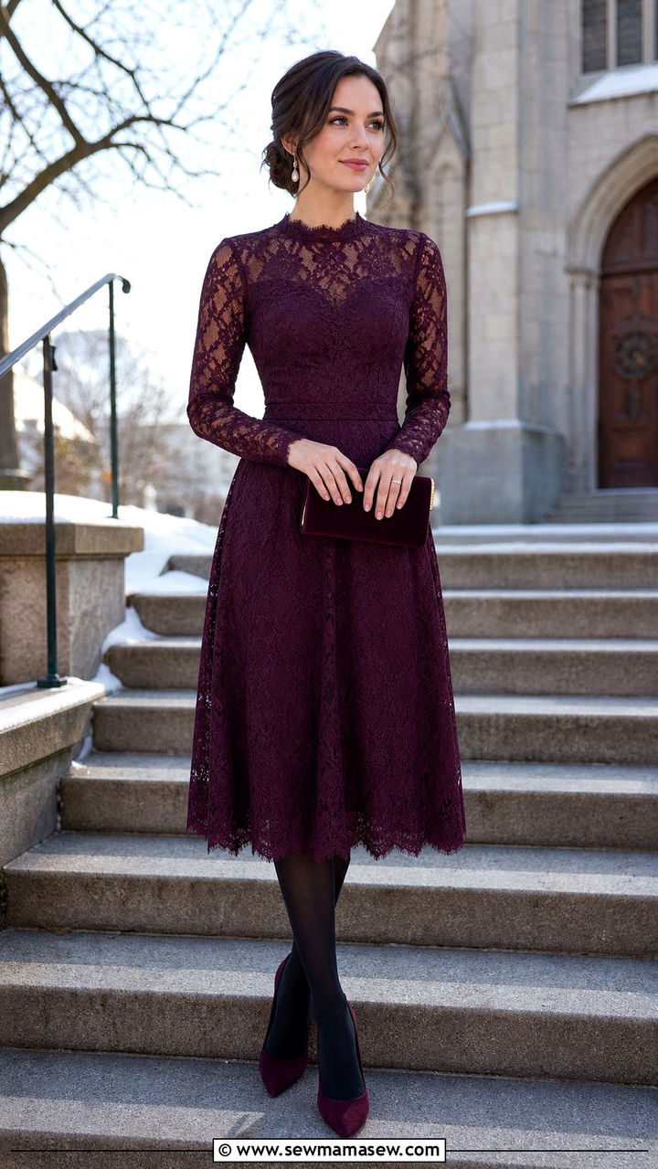 Long Sleeve Lace Dress with Pumps - 40 Wedding guest outfit ideas