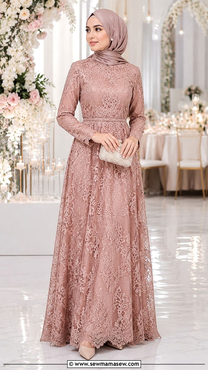 Long Sleeve Lace Gown with Hijab - 25 Wedding guest outfit ideas Muslim wedding