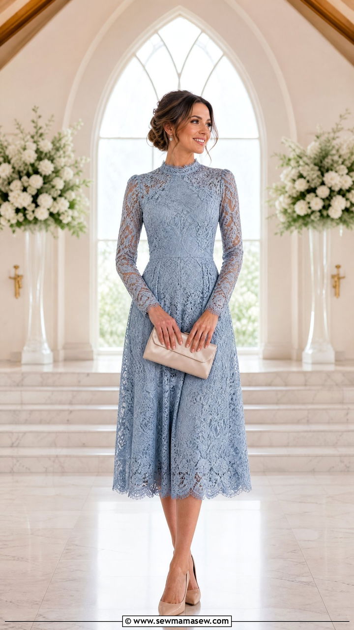 Long Sleeve Lace Midi Dress Wedding - 30 modest spring wedding guest outfit ideas