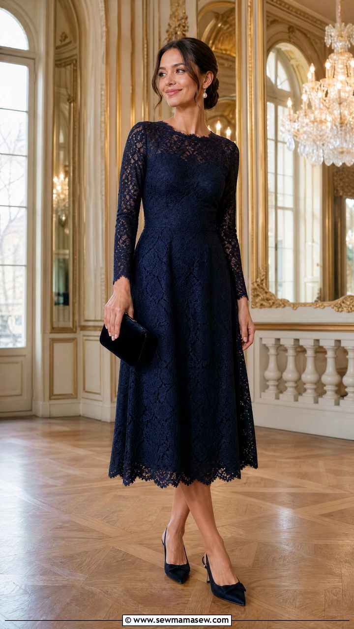 Long Sleeve Lace Midi Dress With Kitten Heels - 30 Cocktail wedding guest outfits