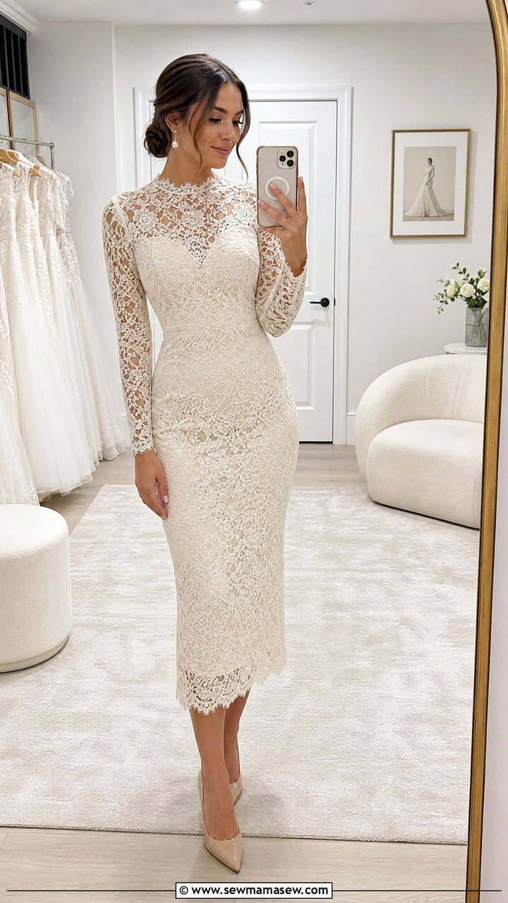 Long Sleeve Lace Midi Dress for Bride - 25 modest bridal shower outfit ideas