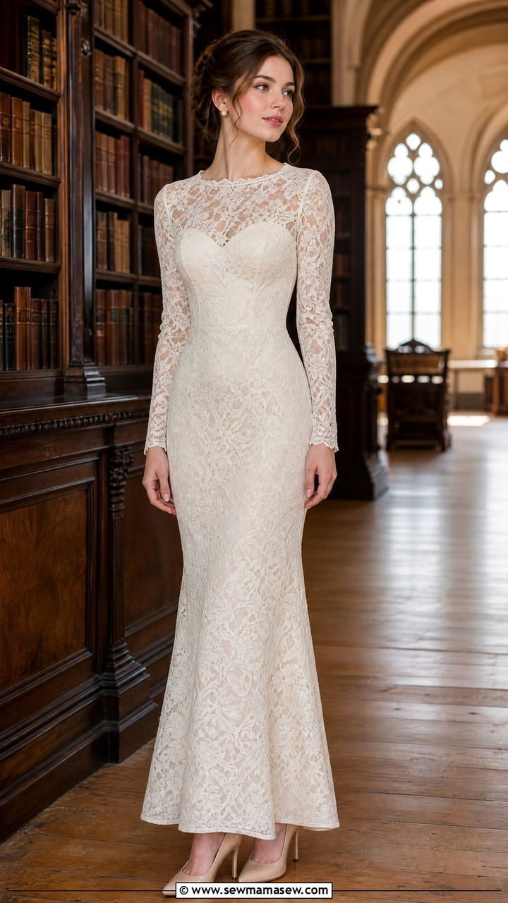 Long Sleeve Lace Prom Dress With Pearl Studs And Classic Pumps - 40 Prom outfit ideas