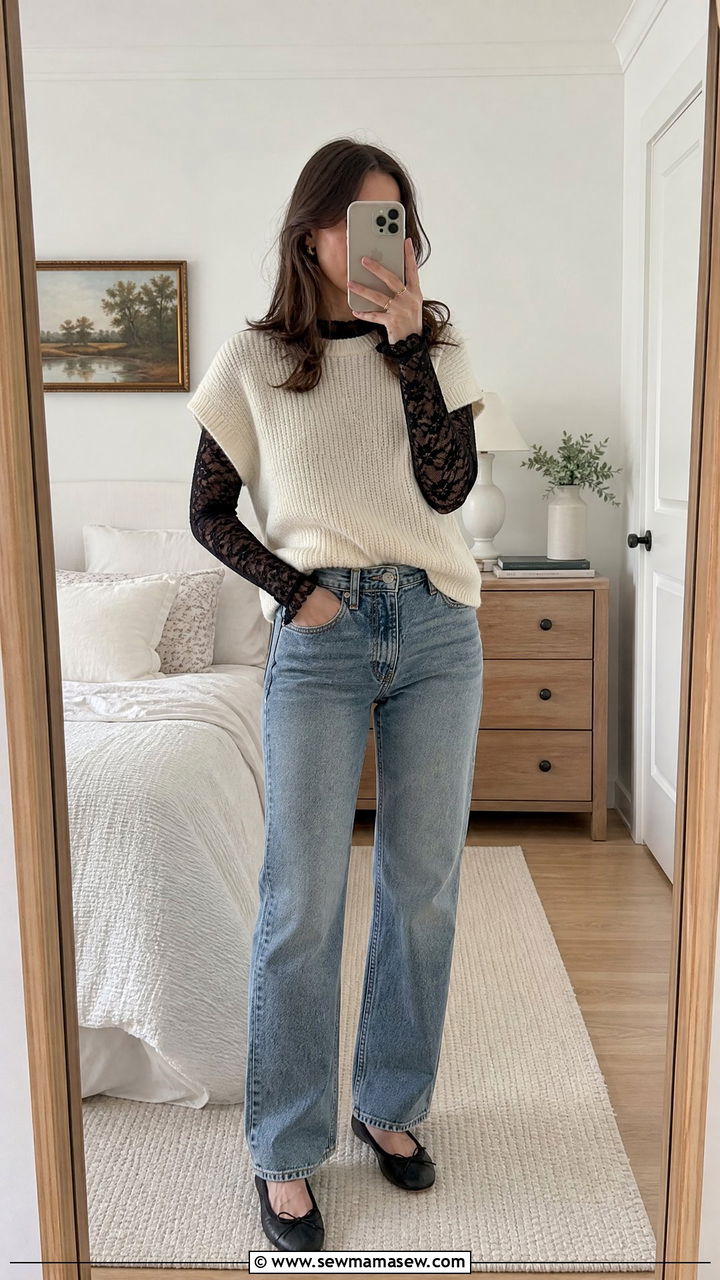 Long Sleeve Lace Top Under Sweater with Jeans - 25 Lace outfit ideas 2026