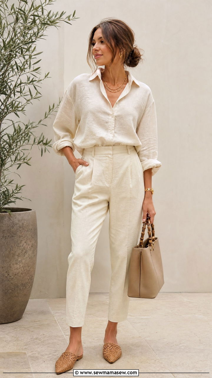 Long Sleeve Linen Blouse And Tapered Trousers Set - 30 summer matching set outfit ideas