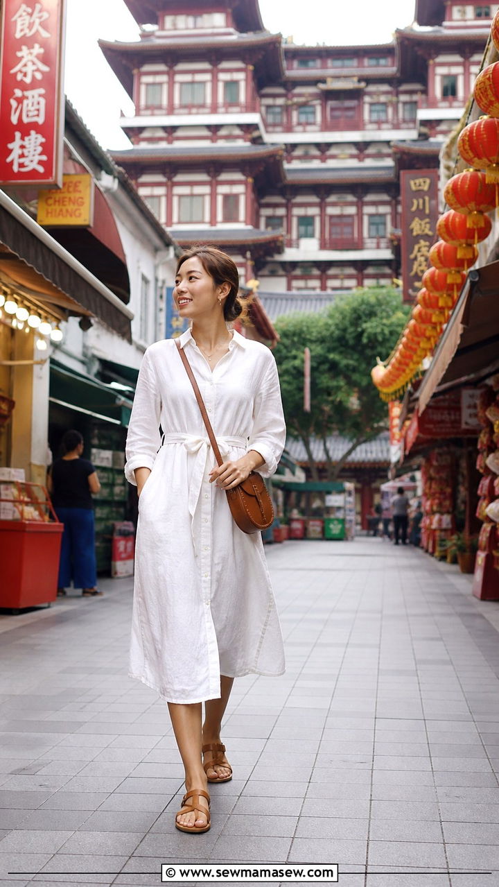 Long Sleeve Linen Midi Dress with a Waist Tie and Sandals - 40 What to wear in Singapore