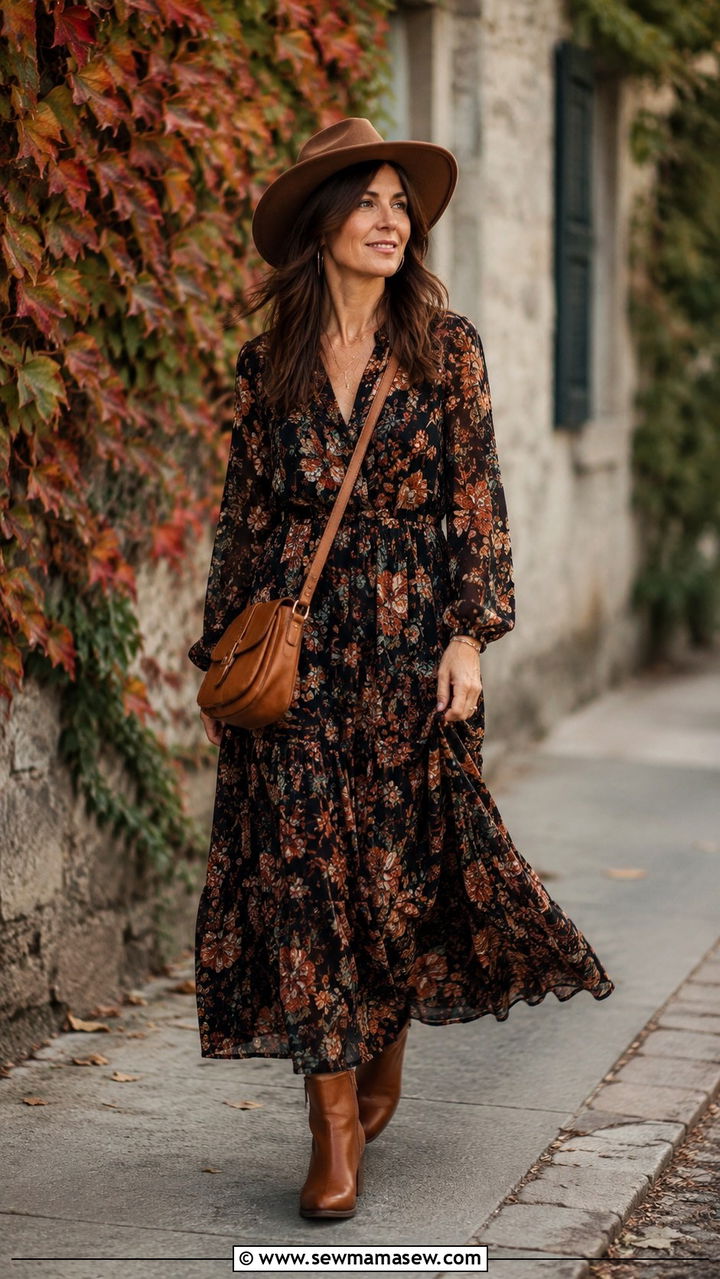 Long Sleeve Maxi Dress With Ankle Boots - 30 maxi dress outfits for women over 40