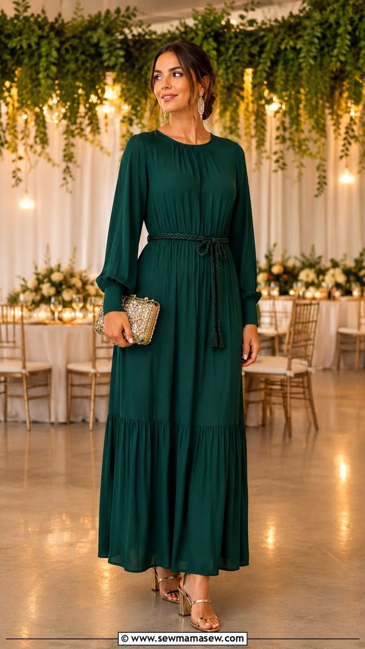 Long Sleeve Maxi Dress With Block Heel Sandals - 30 Modest outfit ideas boho