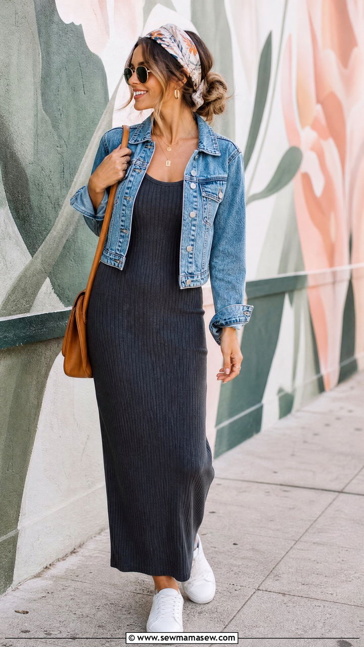 Long Sleeve Maxi Dress With Denim Jacket - 25 casual outfits for modest women