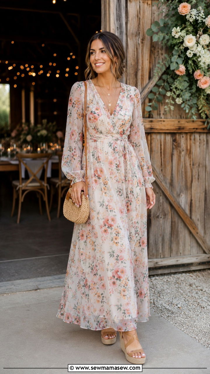 Long Sleeve Maxi Dress With Wedge Espadrilles - 30 transitional wedding guest outfit ideas