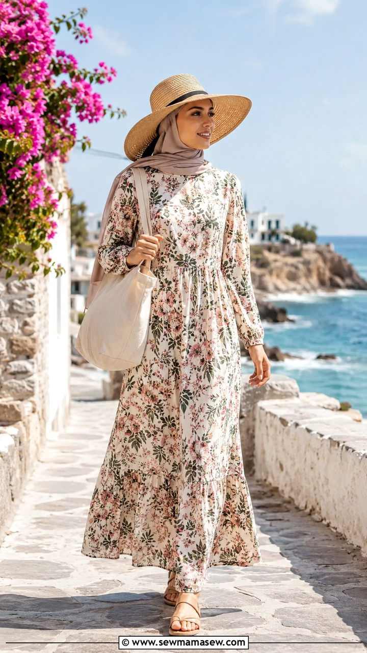 Long Sleeve Maxi Dress With Wide Brim Hat And Flat Sandals - 30 Modest travel outfit ideas
