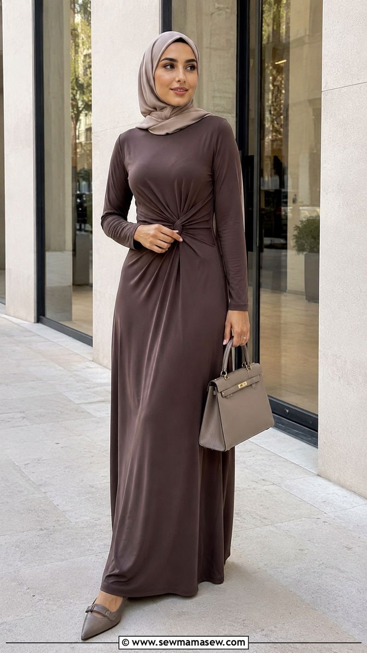 Long Sleeve Maxi Dress With a Structured Handbag - 25 Modest outfit ideas for humid weather