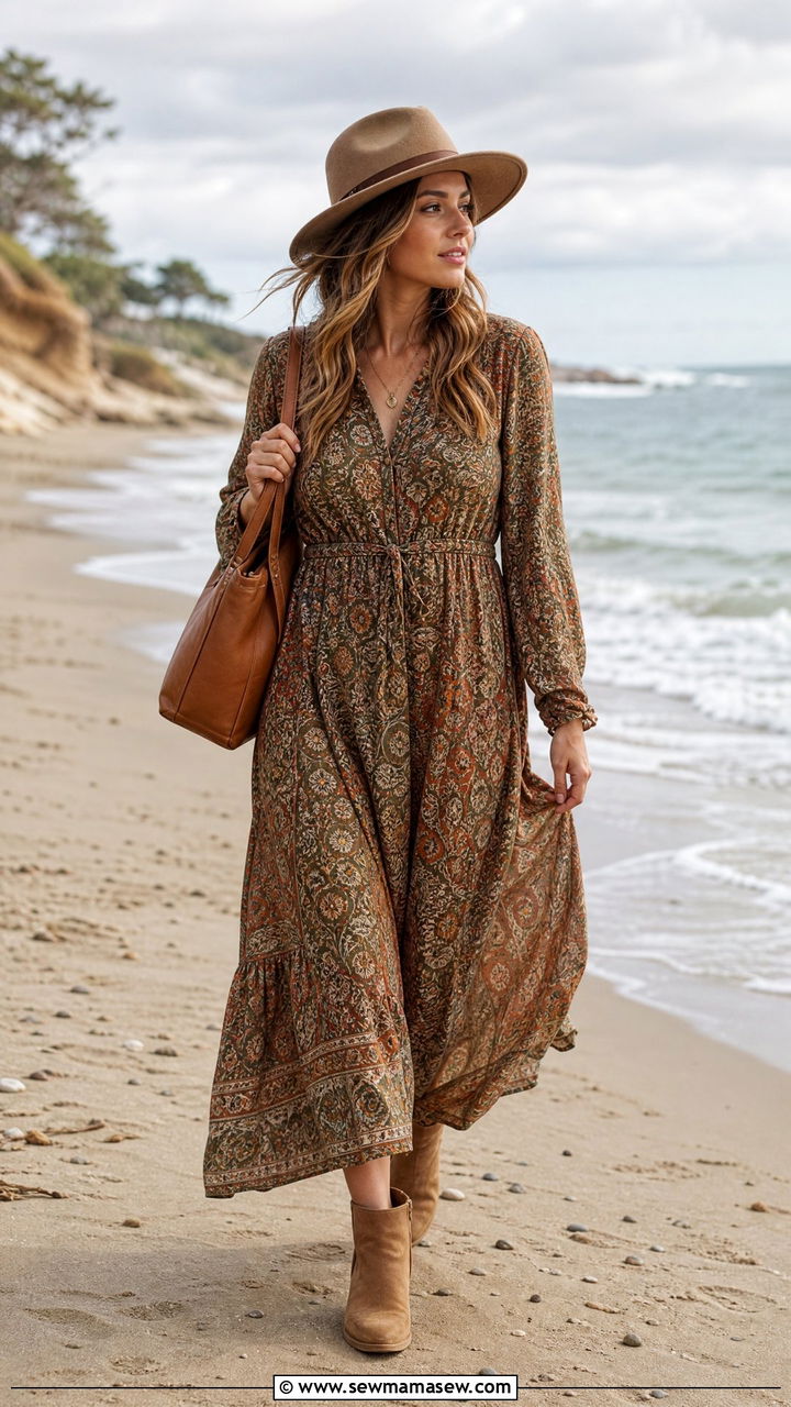 Long Sleeve Maxi Dress and Flat Ankle Boots Outfit - 25 seasonal beach vacation outfit ideas
