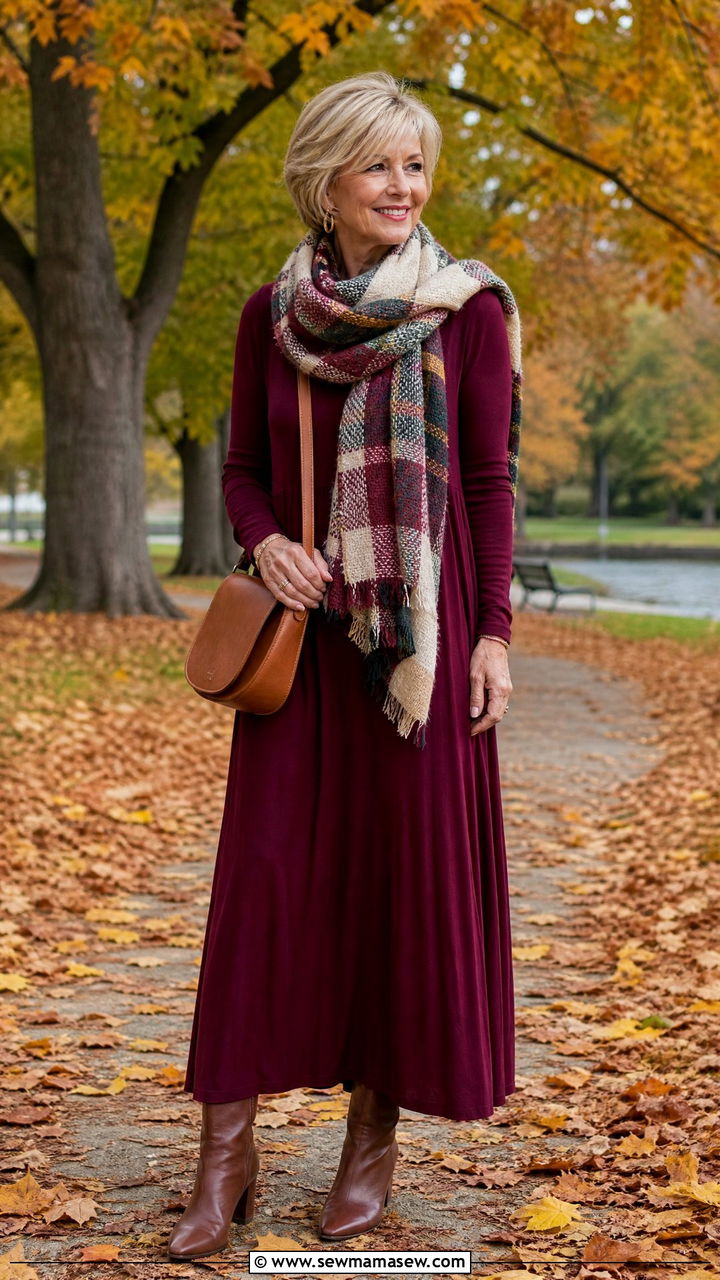Long Sleeve Maxi Dress with Ankle Boots and a Blanket Scarf - 30 Maxi dress for women over 50 outfit ideas
