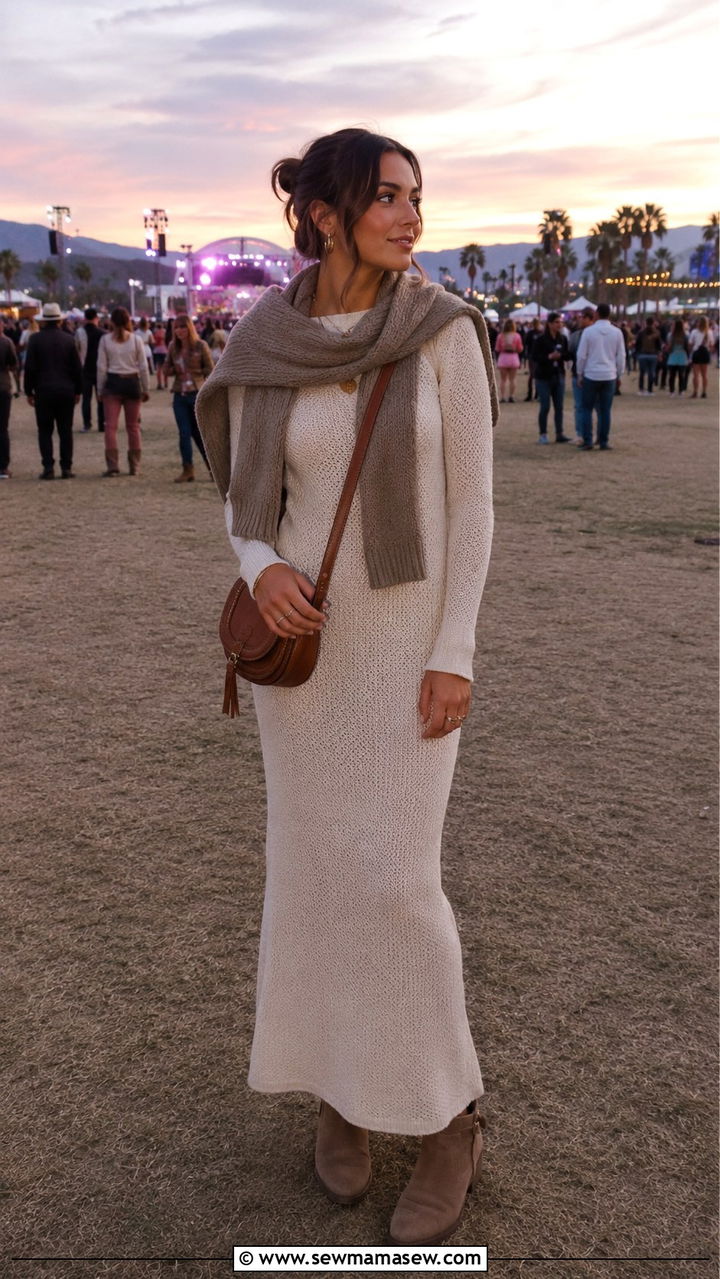 Long Sleeve Maxi Dress with Boots - 30 modest music festival outfit ideas