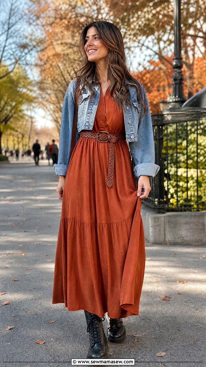 Long Sleeve Maxi Dress with Braided Leather Belt and Combat Boots - 30 Maxi dress outfit ideas with a belt