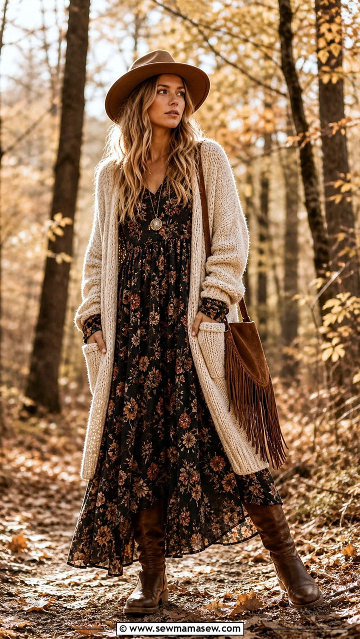 Long Sleeve Maxi Dress with Chunky Knit Cardigan - 40 Bohemian outfit ideas