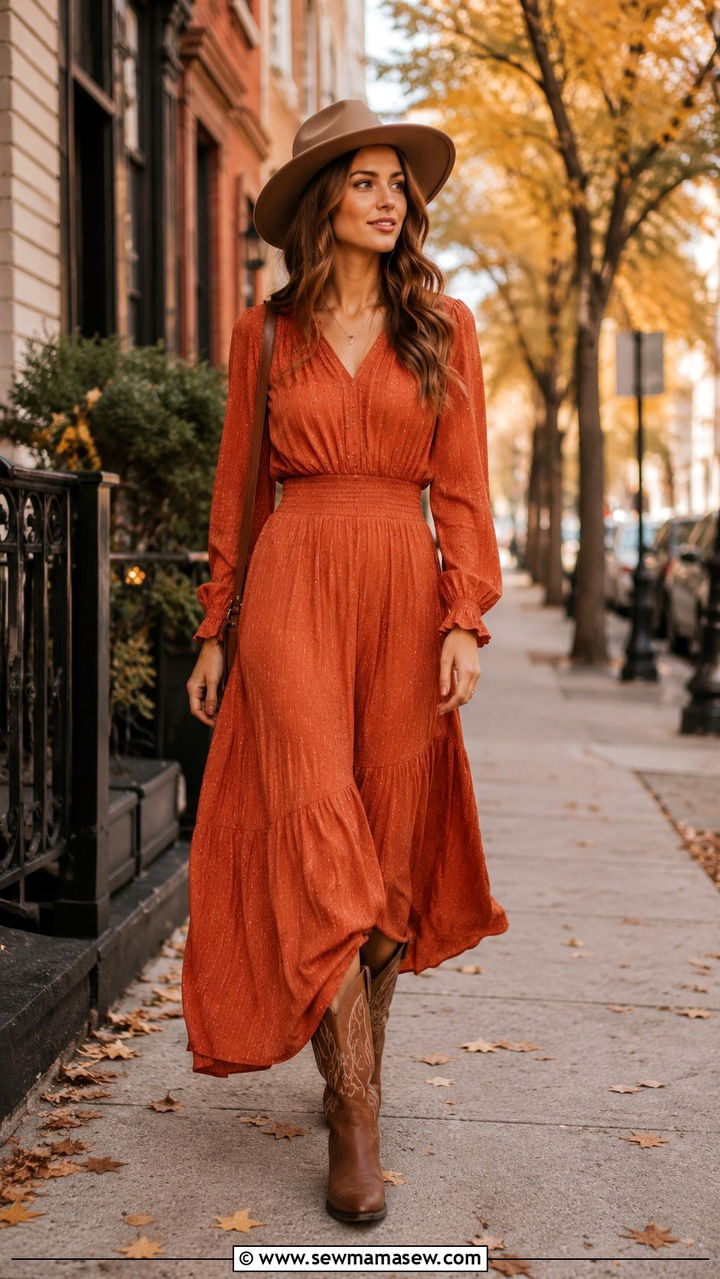 Long Sleeve Maxi Dress with Cowboy Boots - 30 Maxi dress with cowboy boots outfit ideas