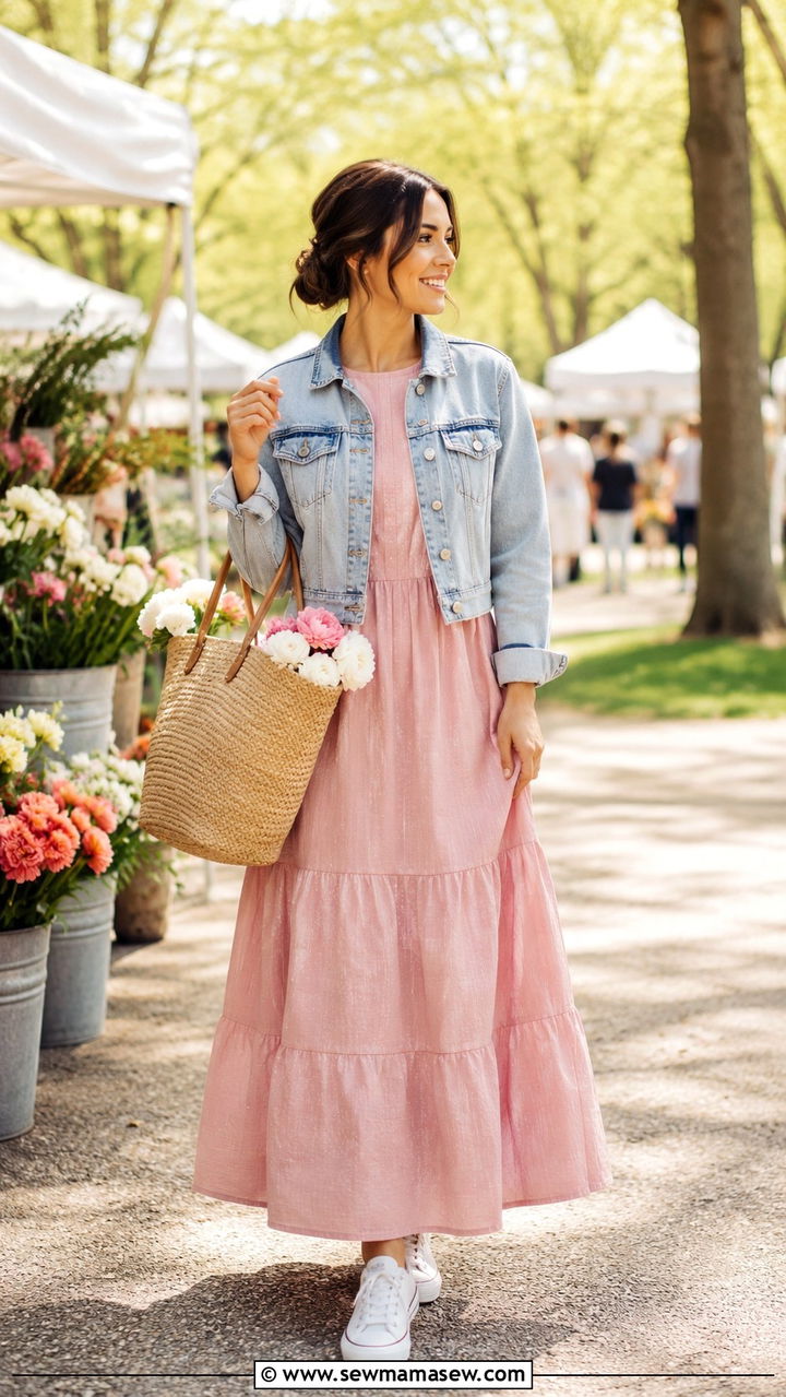 Long Sleeve Maxi Dress with Denim Jacket - 30 spring outfits for modest women