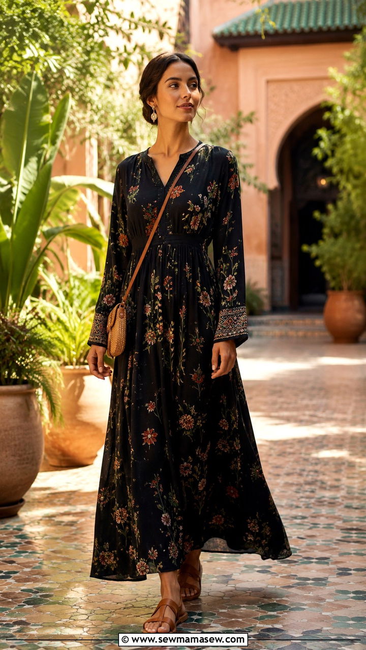 Long Sleeve Maxi Dress with Embroidery - 20 Modest outfit ideas for Morocco