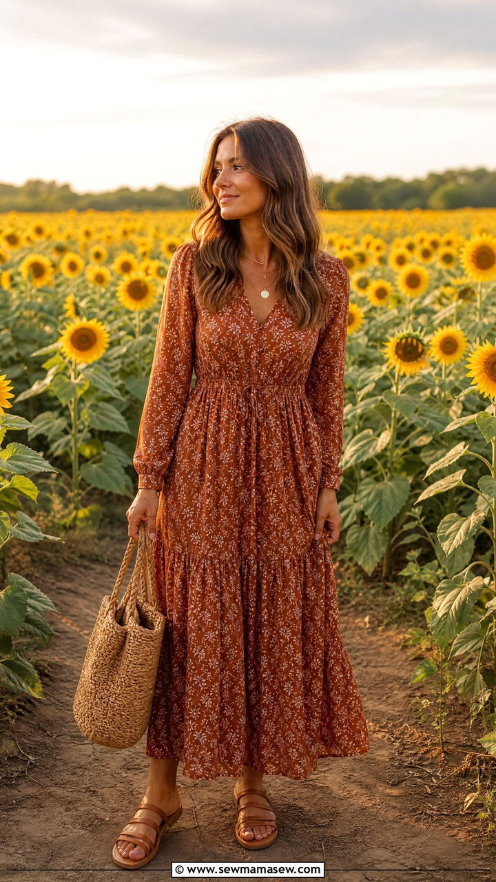Long Sleeve Maxi Dress with Flat Sandals - 25 Late summer early fall outfits