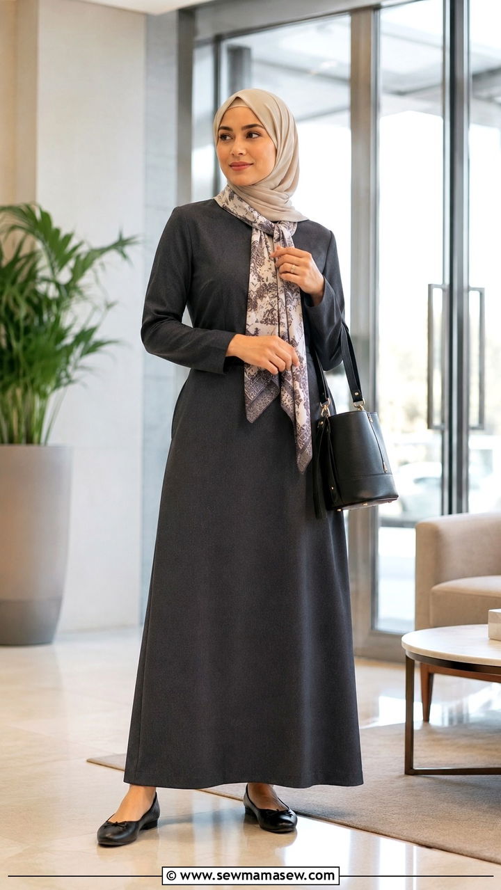 Long Sleeve Maxi Dress with Lightweight Scarf and Ballet Flats - 30 Modest outfit ideas for working mom