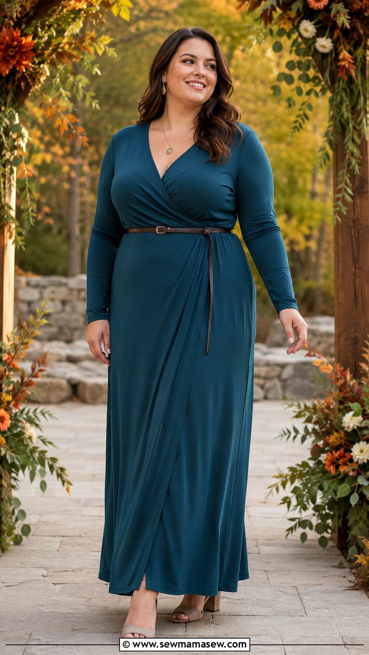 Long Sleeve Maxi Wrap Dress With Belt - 25 Wedding guest outfit ideas size 18