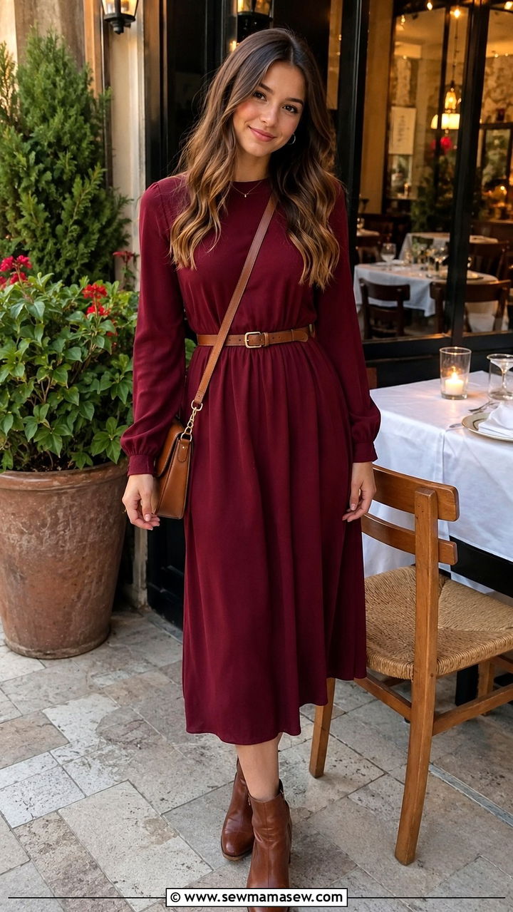 Long Sleeve Midi Dress With Belt - 30 Modest outfit ideas for teens