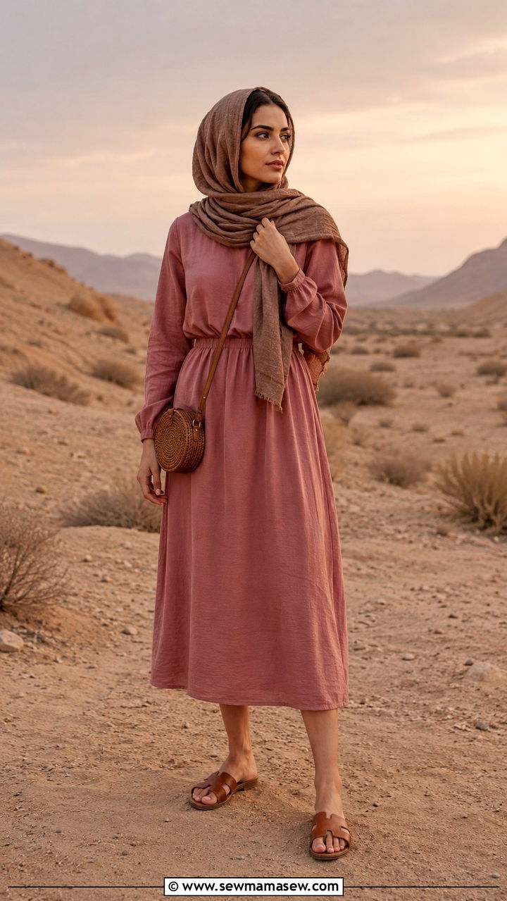 Long Sleeve Midi Dress With Headscarf - 25 Modest outfit ideas for desert trip