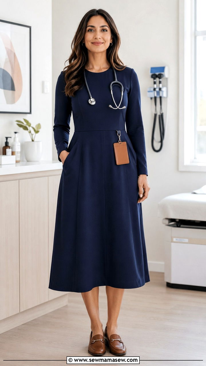 Long Sleeve Midi Dress With Loafers - 20 Modest outfit ideas for doctor