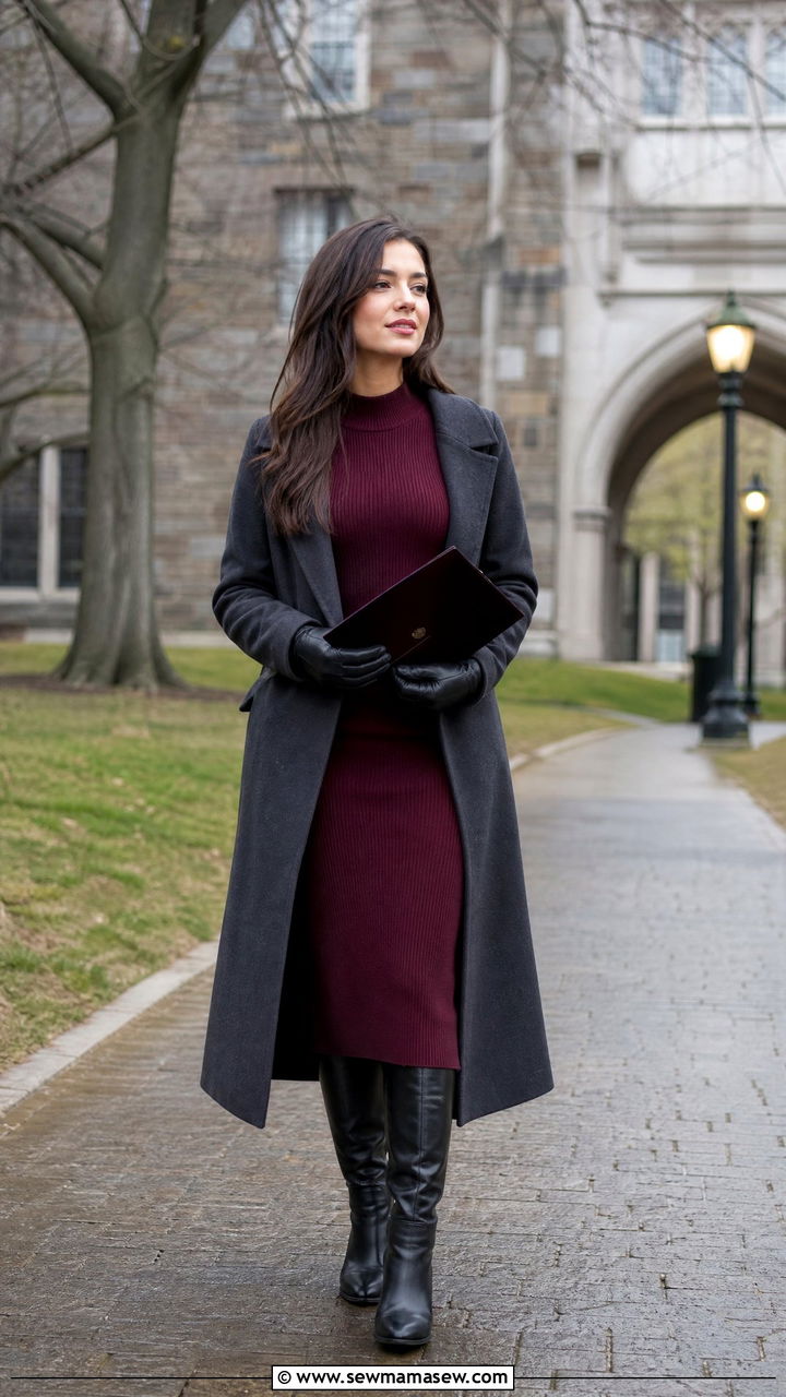 Long Sleeve Midi Dress With Riding Boots - 35 graduation outfits 2026